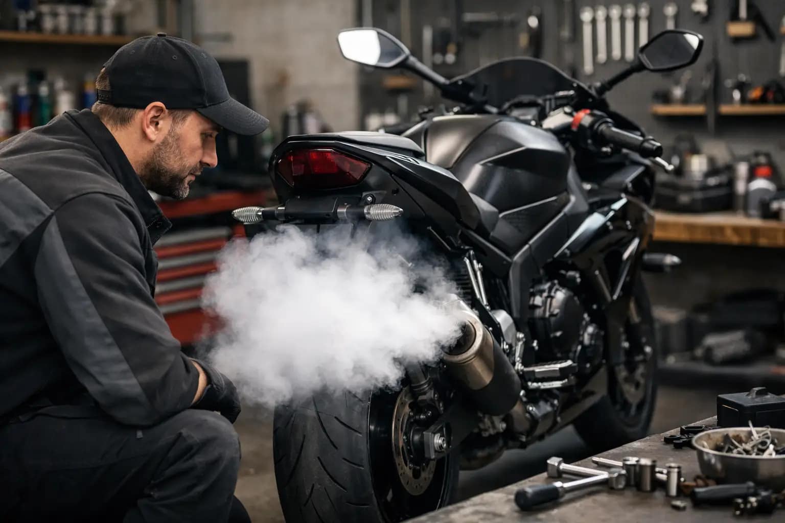 Pourquoi une moto fume blanche au démarrage ?